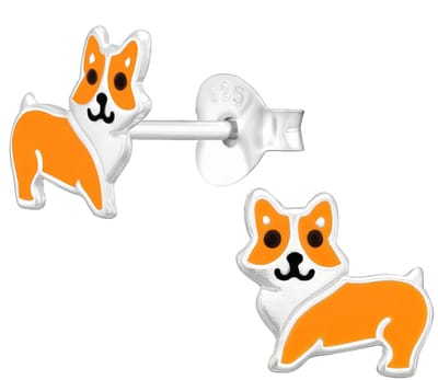 Joy|S - Zilveren hond oorbellen - 7.8 x 7.6 mm - zilver met oranje / bruin - kinderoorbellen