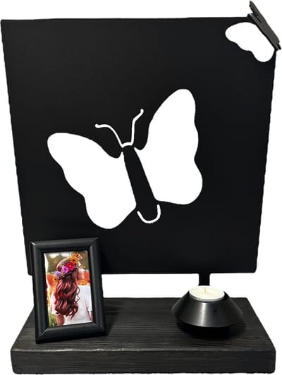Mini urn - Vlinder urn - zwart gecoat staal - sokkel hout - 28cm doorsnede - gedenkbeeld