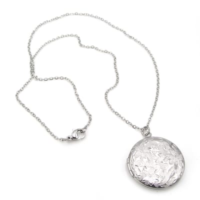 Stalen zilverkleurig dames collier 45 cm met ronde rvs hanger locket 28 mm medaillon voor foto of haarlok met gegraveerde bloemen