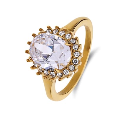 Lucardi Dames Stalen goldplated vintage ring met wit zirkonia - Ring - Staal - Goudkleurig - 15 / 47 mm