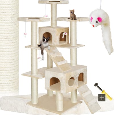 tectake® XXL Luxe Kattenkrabpaal – 186cm Beige – Sisal Krabpaal met Kattengrot, Kattenhuis, Kattentrap, Uitkijkplatforms en Speelgoed – Krabmeubel voor Kittens en Katten – Kattenkrabpaal, Kattenboom