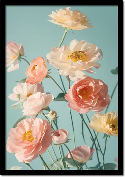 Poster ranonkel bloemen met mint achtergrond - 21cm x 30cm a4 - vintage - woonkamer - slaapkamer - bloemen posters - goedkoop - muurposter - natuur - wanddecoratie