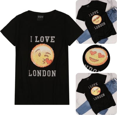 Zwart kinder t-shirt met emoticon, variabele pailletten I Love London / 128