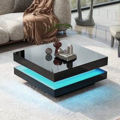 DESMIU Salontafel - Vierkant Design Met App Bestuurbare Lichtverlichting - Voor Woonkamer En Moderne Interieurstijlen - Spaanplaat - Zwart - 70 X 70 X 36 Cm