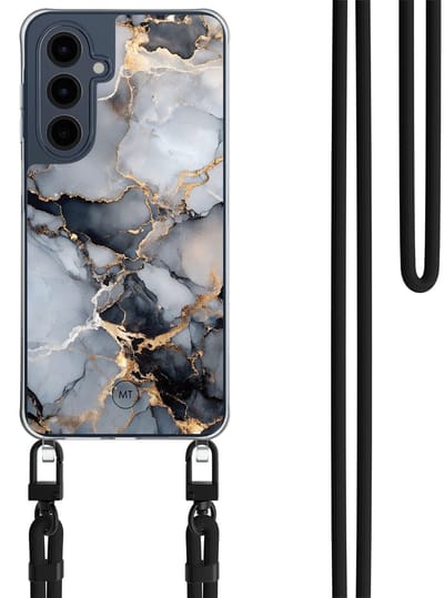 Hoesje met koord geschikt voor Samsung Galaxy A16 - Marble mist - Inclusief Zwart koord - Crossbody beschermhoes - Transparant, Grijs, Goud - Mooie Telefoonhoesjes
