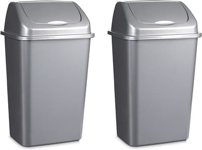 Plasticforte Afvalemmer - 2x stuks - 15 liter - zilver - met klep deksel - 28 x 22 x 47 cm - kunststof - prullenbak