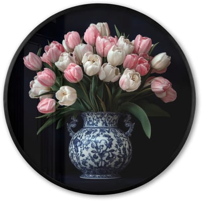 Poster in lijst Rond - Fotolijst 60x60 cm - Posters - Bloemen - Roze - Tulpen - Vaas - Ronde posterlijst zwart - Decoratie - Wanddecoratie woonkamer - Muurdecoratie slaapkamer
