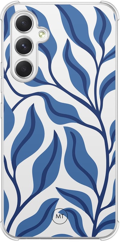 Hoesje (shockproof) geschikt voor Samsung Galaxy A54 - Blue leaves - Extra sterke case - TPU/polycarbonaat - Print - Blauw, Transparant
