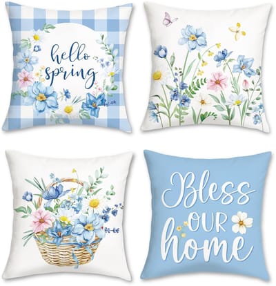 Dailygoods- Sierkussen Slopen Lente Bloemen - Kussenhoezen 45 x 45 - Set van 4 - Zachte Korte Pluche - Verborgen Ritssluiting - Decoratieve Kussenslopen