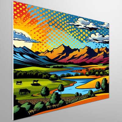 Pop art landschap schilderij | Explosief kleurrijk Pop Art landschap met futuristische twist | Kunst - 60x60 centimeter op Forex | Foto op Forex