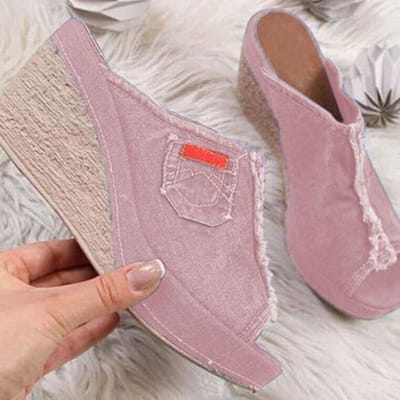 Chaussures d'été pour femmes à talons Élégantes Chaussures bleues de cowboy pour femmes Confortables Chaussures à bout ouvert Compensées Plateforme Sandales ouvertes Pantoufles 34 rose
