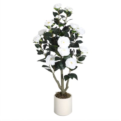 Kunstmatige Camellia Boom - Voor Binnen & Buiten - Realistische Zijden Bloemen met Groene Bladeren - 90 cm - Wit-90cm