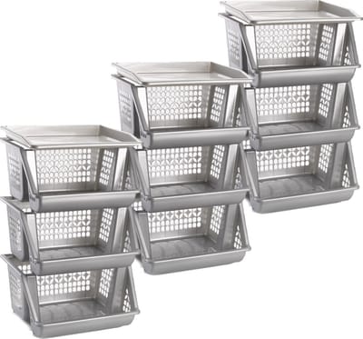 Plasticforte Opbergkrat - 3x - zilver - 3 vakken - 62 cm - Stapelkratten - Stapelbare manden
