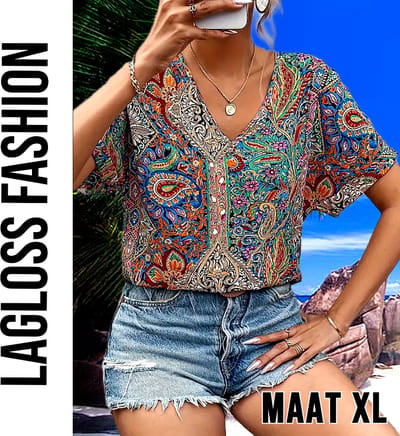 LaGloss® Dames Paisley-Print Blouse met V-Hals – Elegante Losse Zomertop – Satijnachtige Stof en Korte Mouwen – Casual Chic – Maat XL