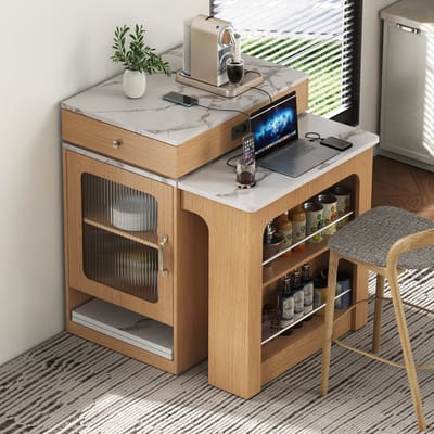 HAUSS SPOLE Eettafel - Uitschuifbare Keukeneilandtafel Met Stopcontact En Opbergruimte - Voor Keuken En Eetkamer - MDF - Naturel