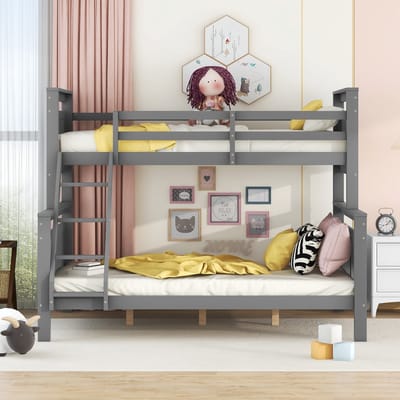Stapelbed met trap en veiligheidsrek - kan worden gesplitst in twee losse bedden - houten bed - 90(140)x200 cm - grijs - zonder matras
