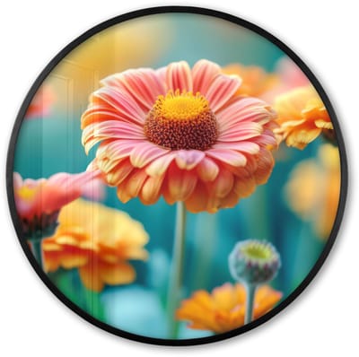 Poster in lijst Rond - Fotolijst 60x60 cm - Posters - Bloemen - Kleurrijk - Natuur - Gerbera - Ronde posterlijst zwart - Decoratie - Wanddecoratie woonkamer - Muurdecoratie slaapkamer