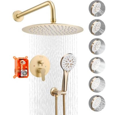 VEVOR Douchekraan Regendouchesysteem voor Badkamer Douchesysteem met 254 mm Ronde Regendouchekop & Handdouche, Wandgemonteerde Badkamerkranen met Messing Klep & Afwerkingsset, Geborsteld Goud