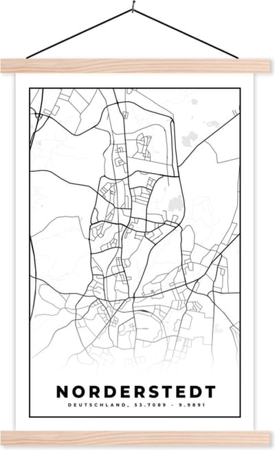 Posterhanger incl. Poster 40x60 cm - Schoolplaat - Norderstedt - Kaart - Plattegrond - Stadskaart - Textielposter - Blanke latten - Stadskaart