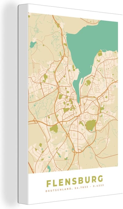 Canvas Schilderij Plattegrond - Flensburg - Vintage - Kaart - Stadskaart - 20x30 cm - Wanddecoratie