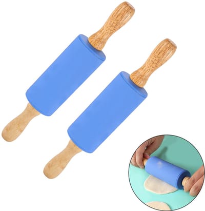 2-stuks Antiaanbak deegroller -Siliconen deegroller - Deegroller - Kleine deegroller - Mini siliconen deegroller voor kinderen -DIY-knutselprojecten - Bakgereedschap - 23*4,5*4,5 cm - Geschikt voor knutselen, deeg, bakken, fondant, enz. - Blauw
