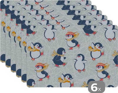 Placemat - Placemats kunststof - Kinderen - Pinguïn - Schaatsen - Winter - Patronen - 45x30 cm - 6 stuks - Hittebestendig - Anti-Slip - Onderlegger - Afneembaar