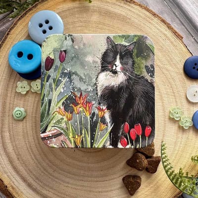 Alex Clark Square Tin Cat and Tulips ~ Vierkant opbergblikje kat