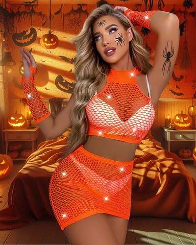 Snapshot - #supernatural - Rokje, topje en handschoenen set met strass - One Size - Oranje
