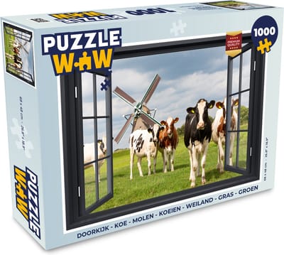 Puzzel Doorkijk - Koe - Molen - Koeien - Weiland - Gras - Groen - Legpuzzel - Puzzel 1000 stukjes volwassenen