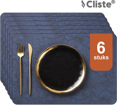 Cliste Luxe Lederlook Placemats 45x30 cm - Set van 6 - Blauw met Prachtige Bladerenprint - Placemats - Stijlvol, Duurzaam - Antislip Placemat van Kunstleer