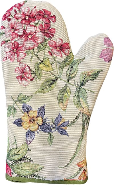 Pannenwant - luxe gobelinstof - Amara - Rode en Paarse bloemen op een creme achtergrond