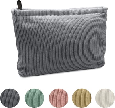 Kleine Reistas voor Toilettas, Multifunctionele Make-up Tas met Rits, Grijze Corduroy Cosmetica Organizer voor Vrouwen