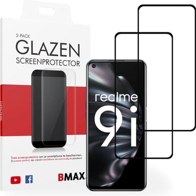 2-pack BMAX geschikt voor Realme 9i Screenprotector - Full Cover - Gehard glas - Tempered glas - Realme screenprotectors 2 stuks - Telefoonglaasje - Beschermglas - Glasplaatje - Screensaver - Screen protector - Case friendly - Zwart