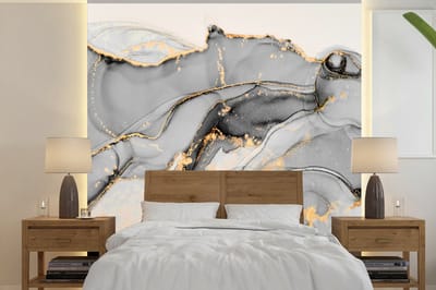 Behang - Fotobehang Marmer - Goud - Grijs - Breedte 240 cm x hoogte 240 cm