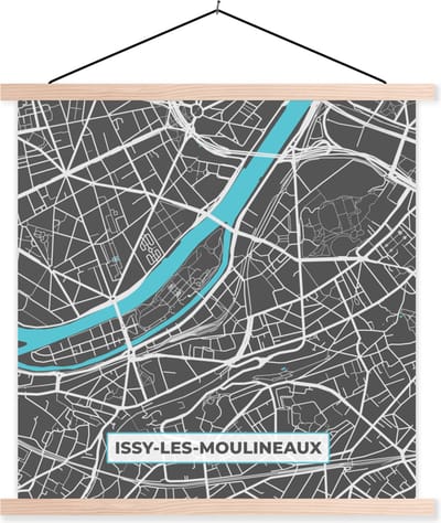 Posterhanger incl. Poster 40x40 cm - Schoolplaat - Frankrijk – Plattegrond – Kaart – Issy-les-Moulineaux – Stadskaart - Textielposter - Blanke latten - Stadskaart