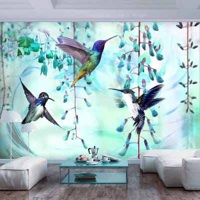 200cm X 140cm - Fotobehang - Vliegende Kolibries op Turquoise achtergrond, premium print vliesbehang