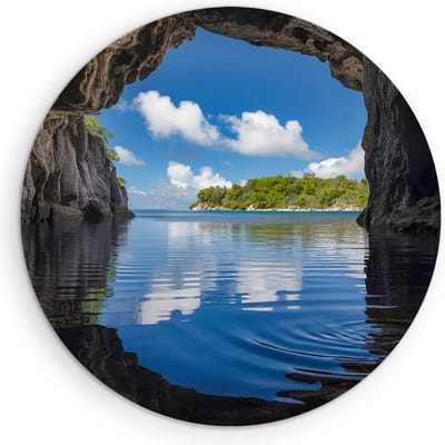 Saammp Muurcirkel Hout - Uitzicht vanuit een grot - Landschap - Natuur - Ø 90 - Wandcirkel - Wanddecoratie Cirkel - Muurdecoratie Woonkamer - Slaapkamer decoratie - Rond Schilderij