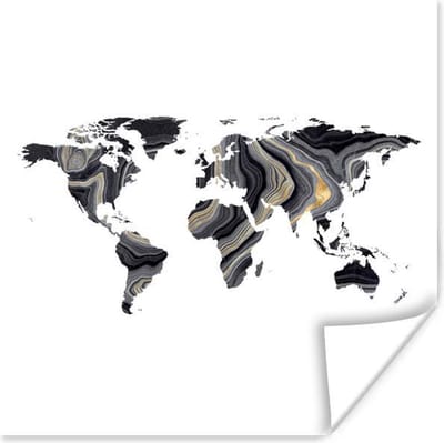Poster 30x30 cm - Wereldkaart - Goud - Zwart Wit - Posters - Kamer decoratie - Wanddecoratie woonkamer - Muurdecoratie slaapkamer