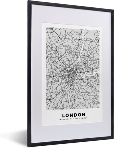 Fotolijst incl. Poster Zwart Wit- Londen - Stadskaart - Plattegrond - Zwart Wit - Kaart - 40x60 cm - Posterlijst