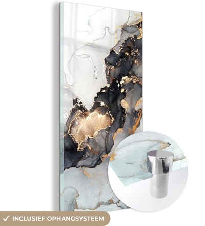 Glasschilderij abstract - Marmer - Goud - Marmerlook - Zwart - Schilderijen woonkamer - Schilderij glas - Foto op glas - Glasplaat - Kamer decoratie - 20x40 cm - Wanddecoratie - Muurdecoratie - Slaapkamer