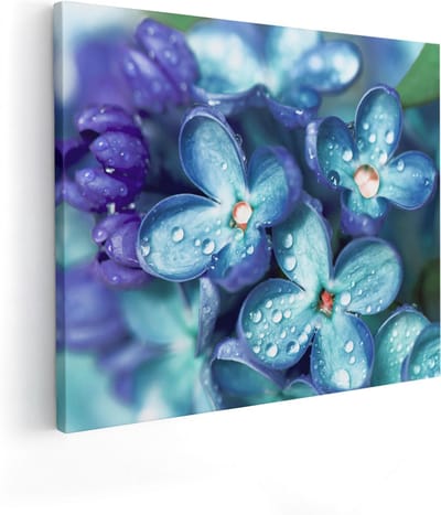 Artaza Canvas Schilderij Bloemen - 100x80 cm - Groot - Wanddecoratie Bloem - Muurdecoratie Waterdruppels - Schilderijen Op Canvas - Blauw