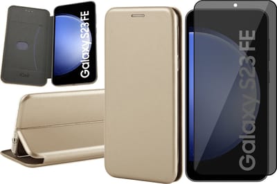Hoesje geschikt voor Samsung Galaxy S23 FE - Privacy Screenprotector Volledig Dekkend Glas - Wallet Book Case Goud