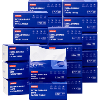 ochama Extra Duurzame Zachte Gezichtstissues, 3-Laags, 3600 Vellen (150 Vellen×24 Pakken), FSC-gecertificeerd, Dik Houtpulppapier, Familieverpakking