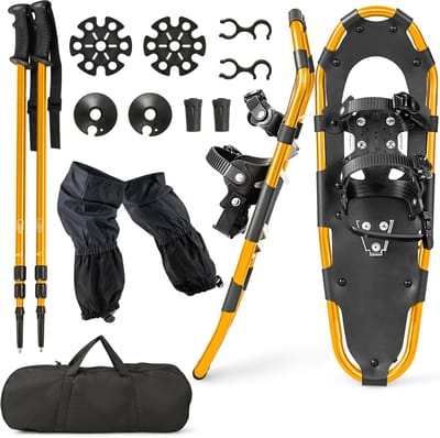 COSTWAY 4-in-1 sneeuwschoenenset, schoenmaat 38-45, sneeuwschoenen met dubbel ratelbindsysteem, aluminium frame, trekkingstokken en draagtas, beenkappen, voor heren en dames