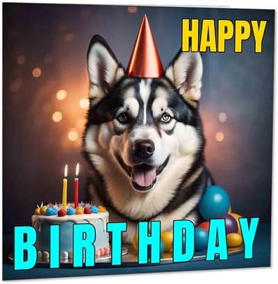 Verjaardagskaart met Leuke Husky Hond - 145 x 145mm Wenskaart