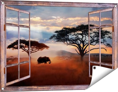 Gards Tuinposter Doorkijk Olifant in het Wild - Savanne - 90x60 cm - Tuindoek - Tuindecoratie - Wanddecoratie buiten - Tuinschilderij