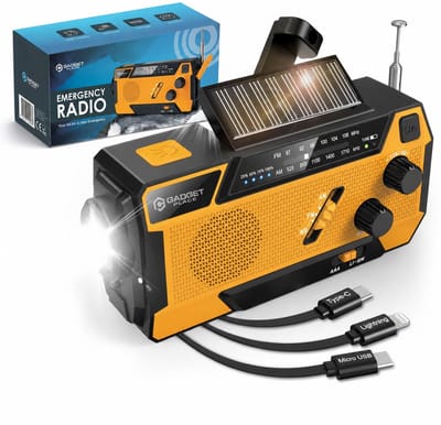 Gadgetplace Noodradio Solar Opwindbaar – 7400mWh Powerbank – AM/FM Radio – Zonnepaneel & Dynamo – 3 Ingebouwde Kabels – SOS Alarm – LED Zaklamp – Noodpakket