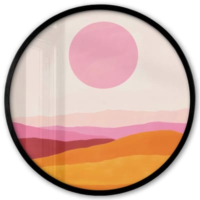 Poster in lijst Rond - Fotolijst 40x40 cm - Posters - Heuvels - Oranje - Zon - Abstract - Ronde posterlijst zwart - Decoratie - Wanddecoratie woonkamer - Muurdecoratie slaapkamer