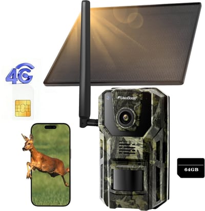 Usogood 4G Wildcamera met Zonnepaneel Oplaadbaar - Wildcamera met Nachtzicht - Incl. 64GB SD SIM Kaart - 7800 mAh Batterij - Geen wifi - Wildcamera Voor Buiten - Wildlife camera - Smartphone App