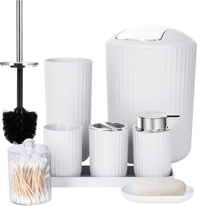 Famanu - Badkameraccessoiresets compleet, 8 stuks badkameraccessoireset met prullenbak, zeepdispenser, zeepschaal, tandenborstelhouder, tandenborstelbeker, toiletborstel en Qtip houders, make-upbak, wit